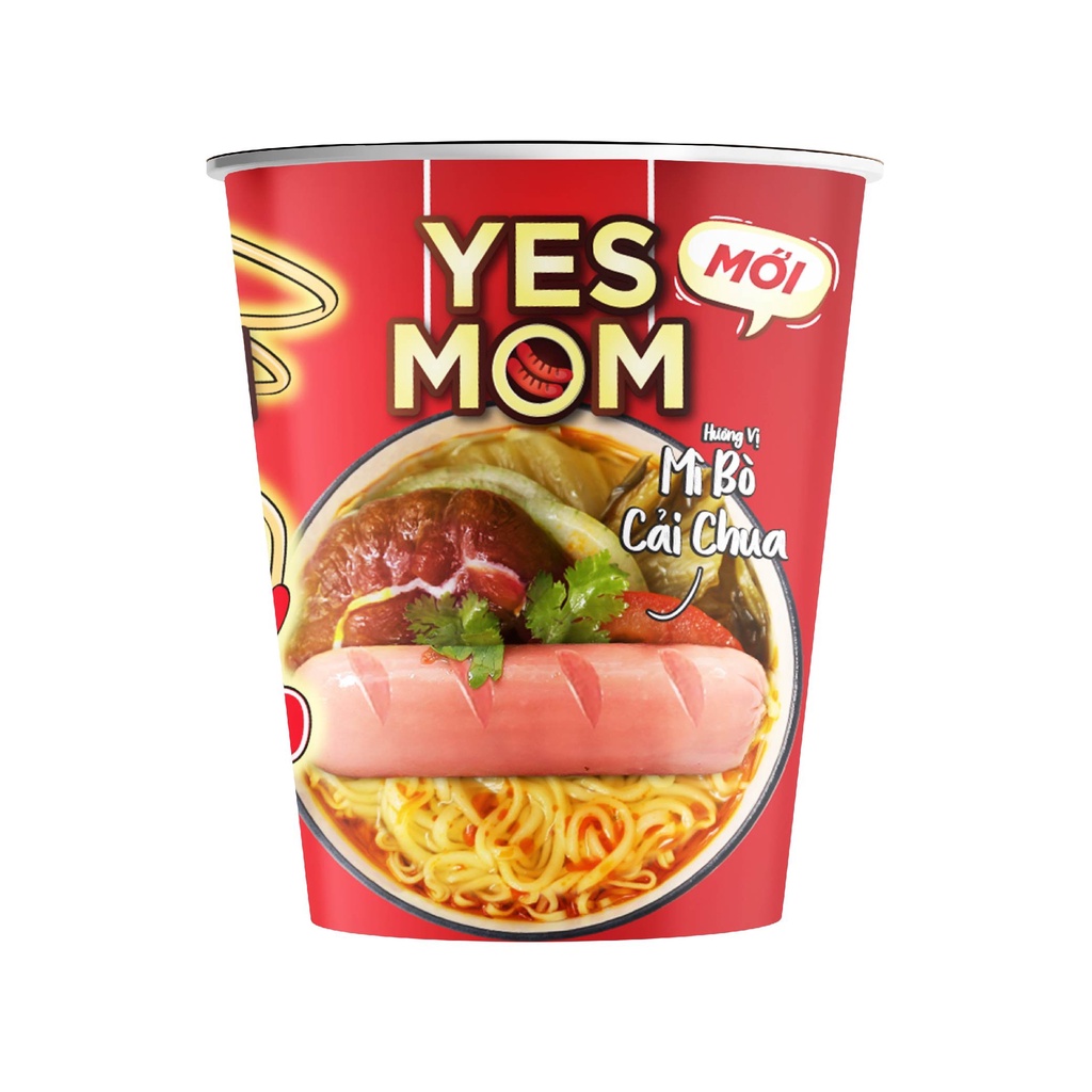 Thùng 24 ly Mì Bò Cải Chua Yes Mom Có Xúc Xích 76g/ly