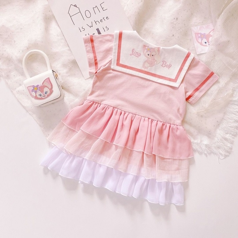 Đầm Tay Ngắn Cổ Búp Bê Màu Hồng Dễ Thương Phong Cách Hàn Quốc Cho Bé Gái