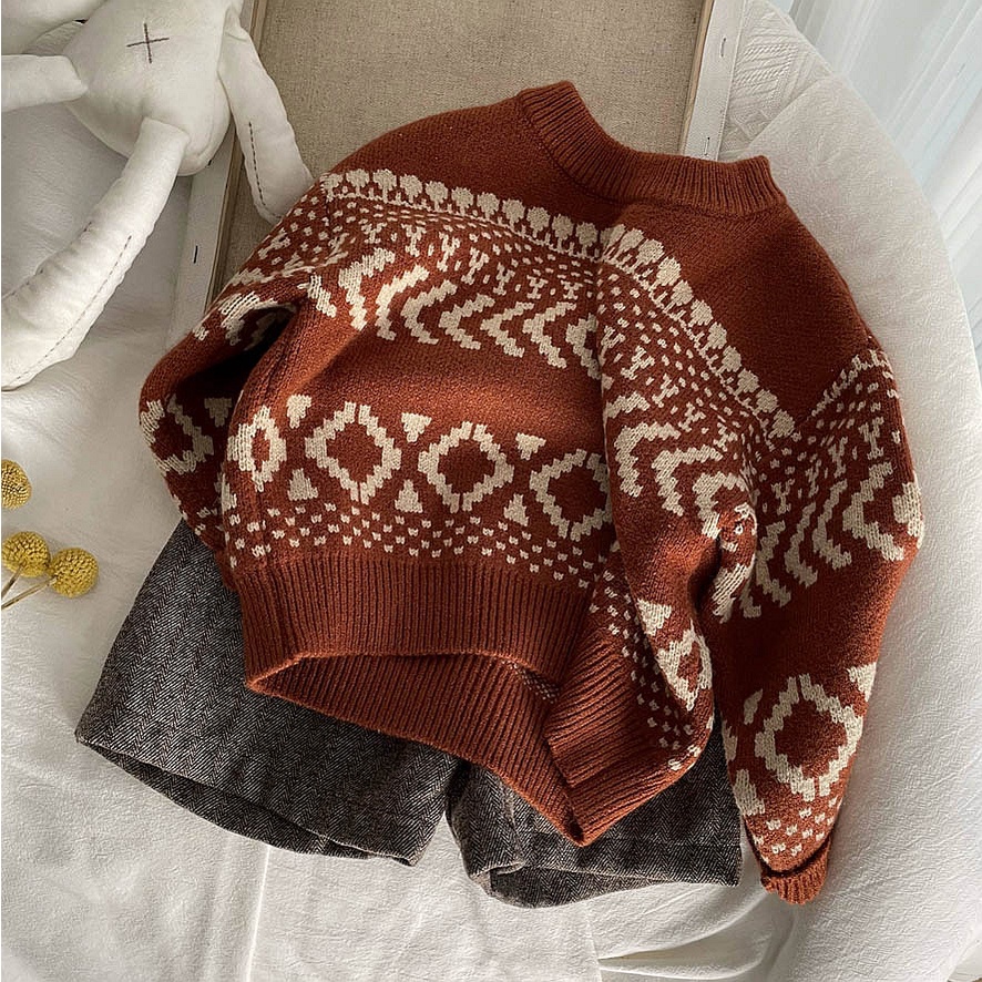 Áo len họa tiết thổ cẩm Hàn Quốc cho bé trai bé gái size 80-130