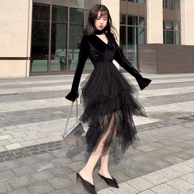 (Order) bigsize M-4XL Đầm chocker cổ V chéo phối chân váy ren lưới xoè so le