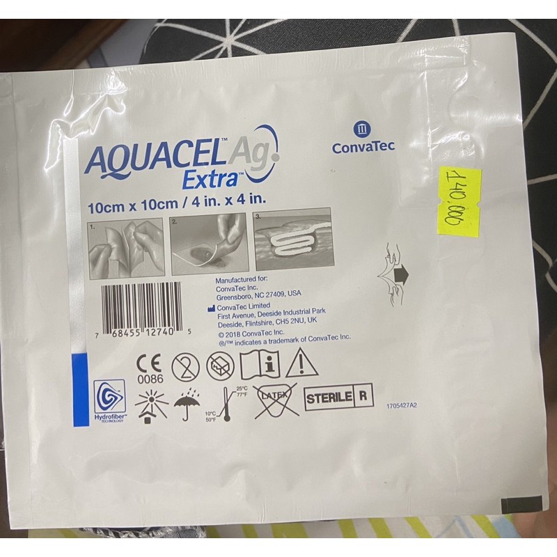 Miếng dán Viết thương, dán bỏng Aquacel Extra Ag ConvaTec 10x10 chính hãng UK