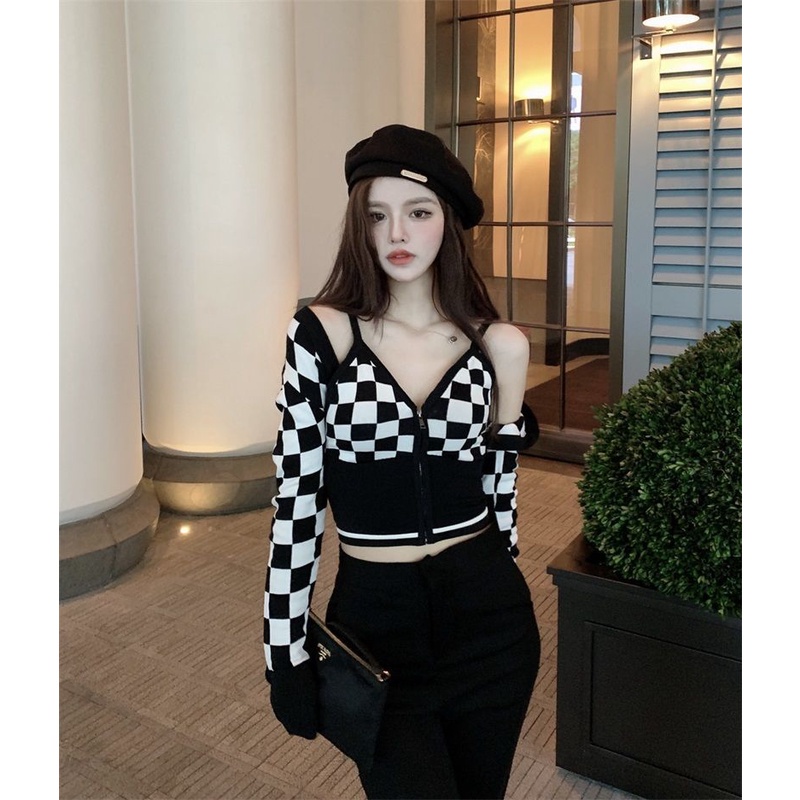 COZOK Set áo khoác Vest + áo cardigan kẻ sọc thời trang