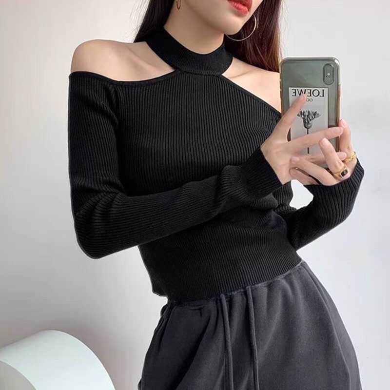 Áo thun kiểu croptop tay dài phối dây hở hai bên vai sexy