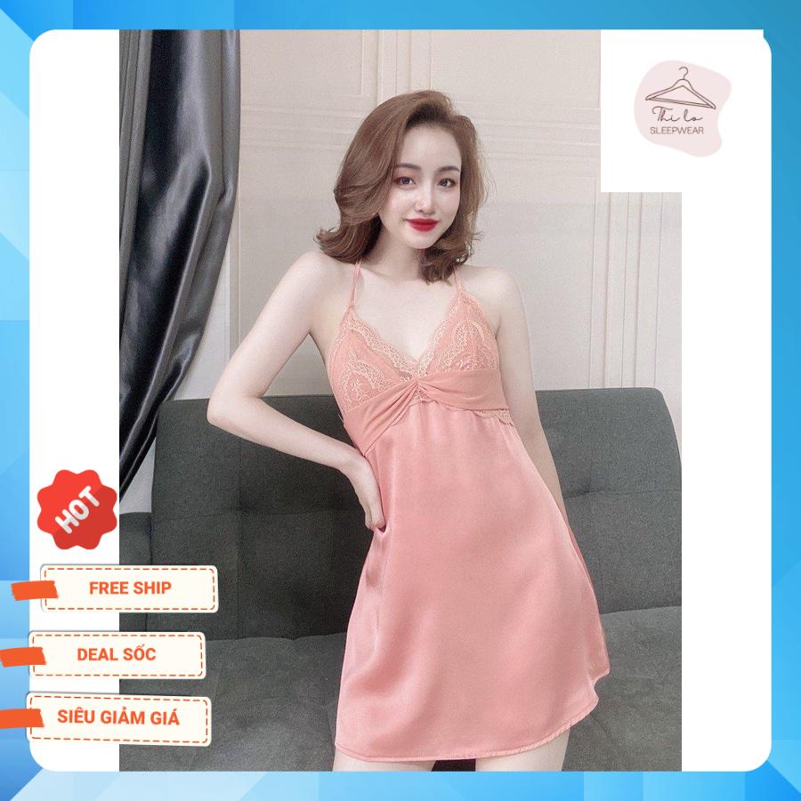 Váy ngủ sexy chữ T phối ren mềm Váy ngủ lụa satin siêu đẹp