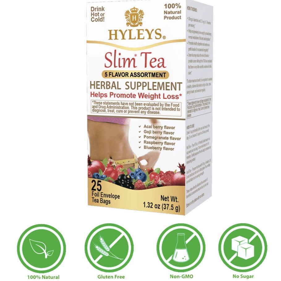 Trà Giảm Cân Hyleys Slim Tea, Trà Thảo Mộc Goji Berry Câu Kỳ Tử, Acai Berry Việt Quất Sri Lanka, Made in USA