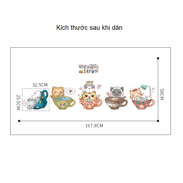 Decal dán tường MÈO NẰM TÁCH TRÀ - Trang trí phòng bé