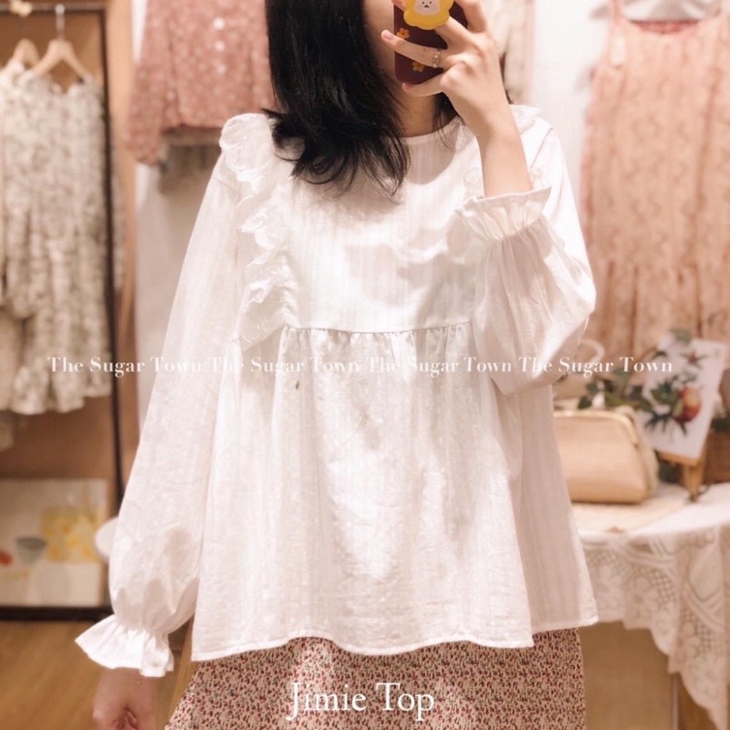 Áo sơ mi nữ, Áo babydoll nữ trắng phối viền ren tay bồng Maitrangshop92 – (TTA57)