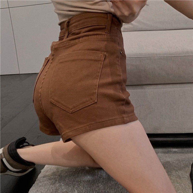 Quần Short Denim Màu Nâu Caramel Lưng Cao Dáng Ôm Gợi Cảm Phong Cách Hàn Quốc Cho Nữ