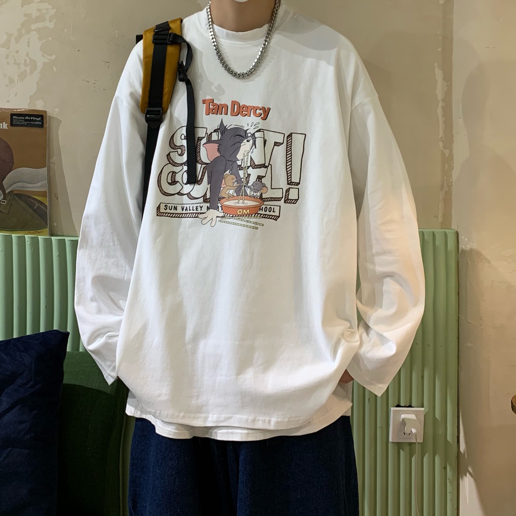 Áo thun tay dài cổ tròn dáng rộng in họa tiết hoạt hình phong cách Hàn Quốc thời trang mùa đông cho nam size M-5XL