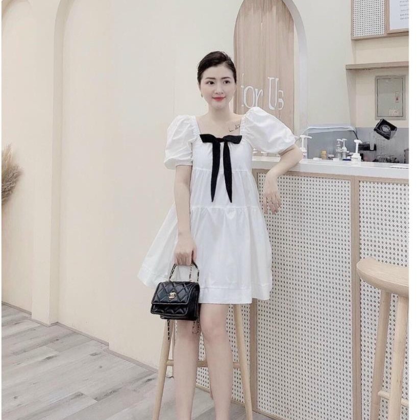 Đầm Nữ Dáng Suông Bánh Bèo Phối Màu Trắng Tinh Cổ Vuông Kết Nơ Xinh  -TOMGB