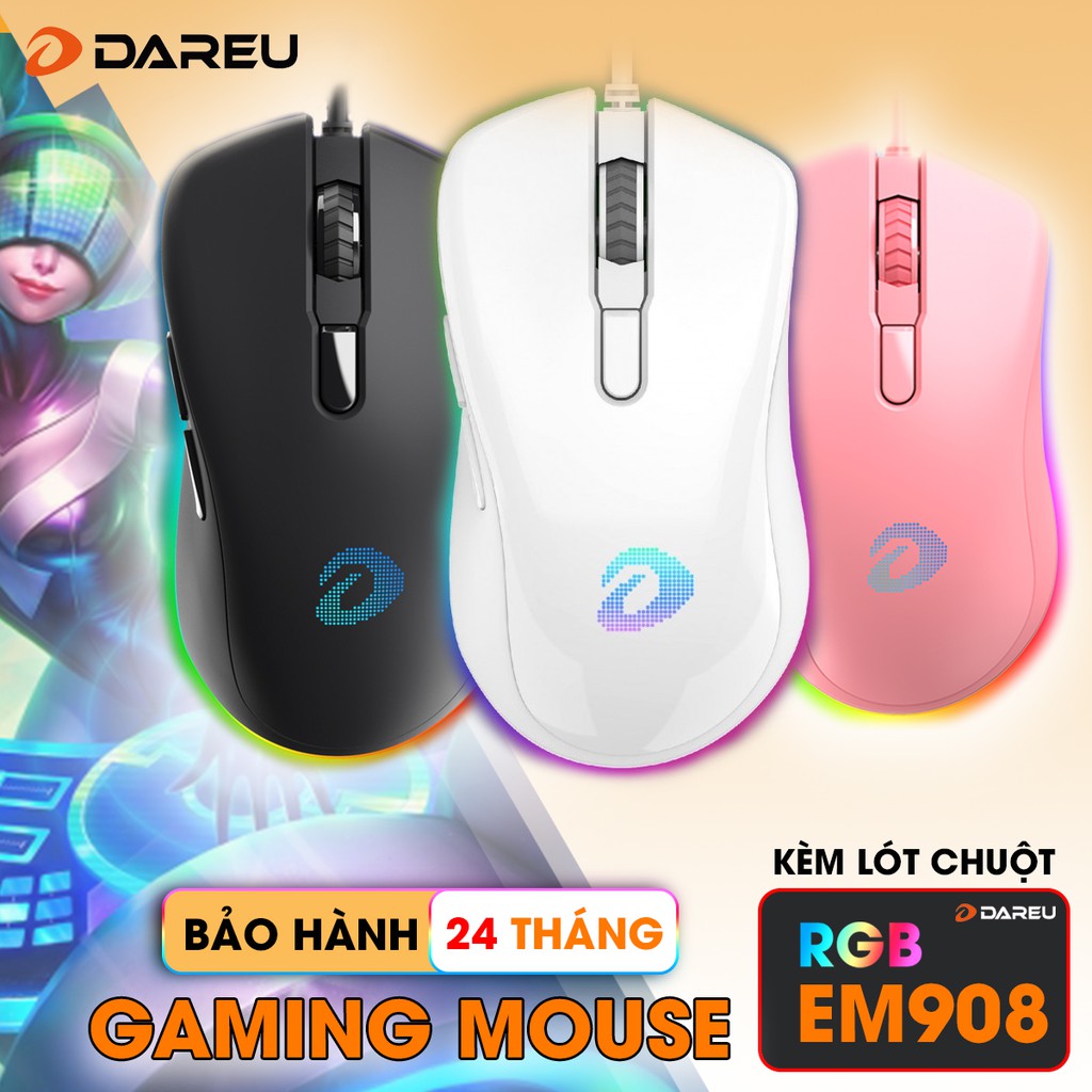 [Chính hãng Mai Hoàng] Chuột Gaming DAREU EM908 Black (LED RGB - BRAVO senso) - Bảo hành 24 tháng