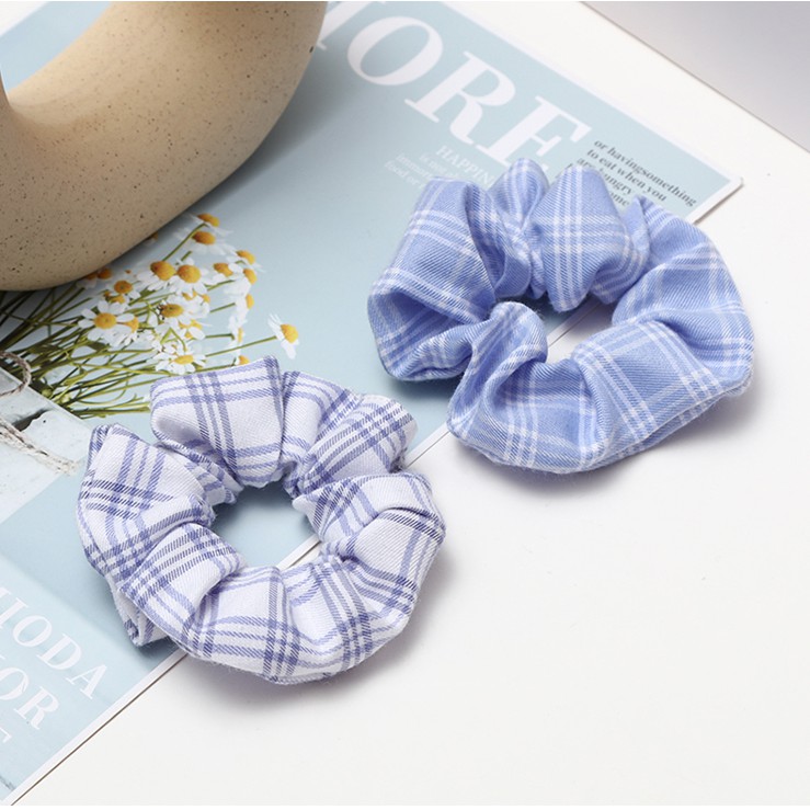 Dây Buộc Tóc, Cột Tóc Vải Scrunchies Caro Cao Cấp ( Tone Xanh Biển ) - BEYOU