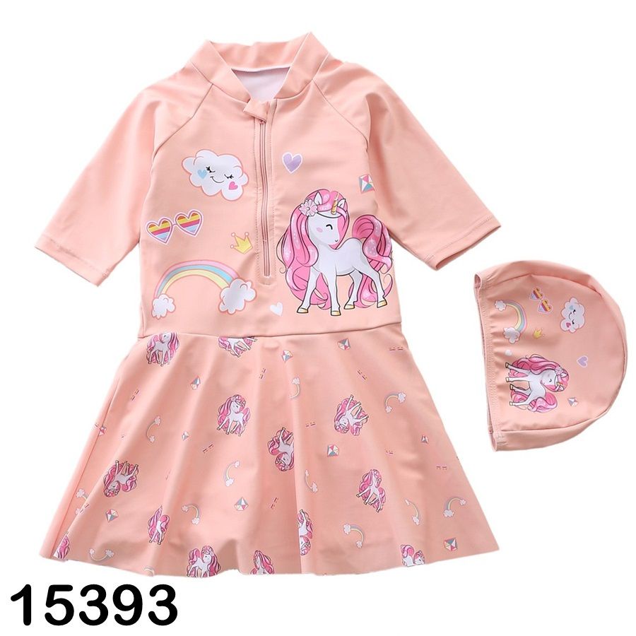 Bộ bơi Bigbaby, bộ bơi tay dài quần dài/ bộ liền váy kèm nón cho bé gái họa tiết pony siêu đáng yêu cho bé 17-42KG