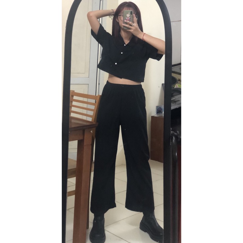 (CÓ SẴN) Set bộ đồ áo croptop và quần suông ống rộng màu đen 🌻FREESHIP🌻