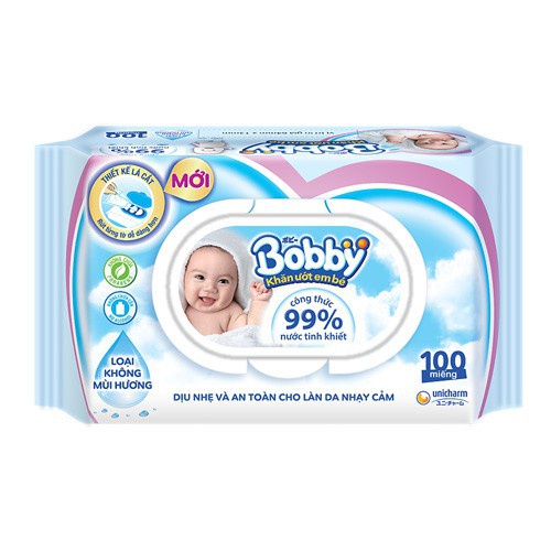 Khăn Giấy Ướt Không Cồn Bobby gói 100 tờ có nắp gài - Khăn Ướt Thương hiệu Nhật dùng tẩy trang, vệ sinh an toàn tiện lợi