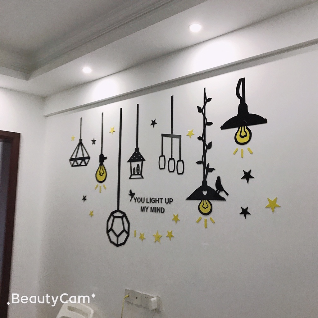 Tranh dán tường mica 3d decor khổ lớn đèn thả treo sáng tạo kiểu mới trang trí phòng khách phòng ngủ Nhiều Size - EPeBen