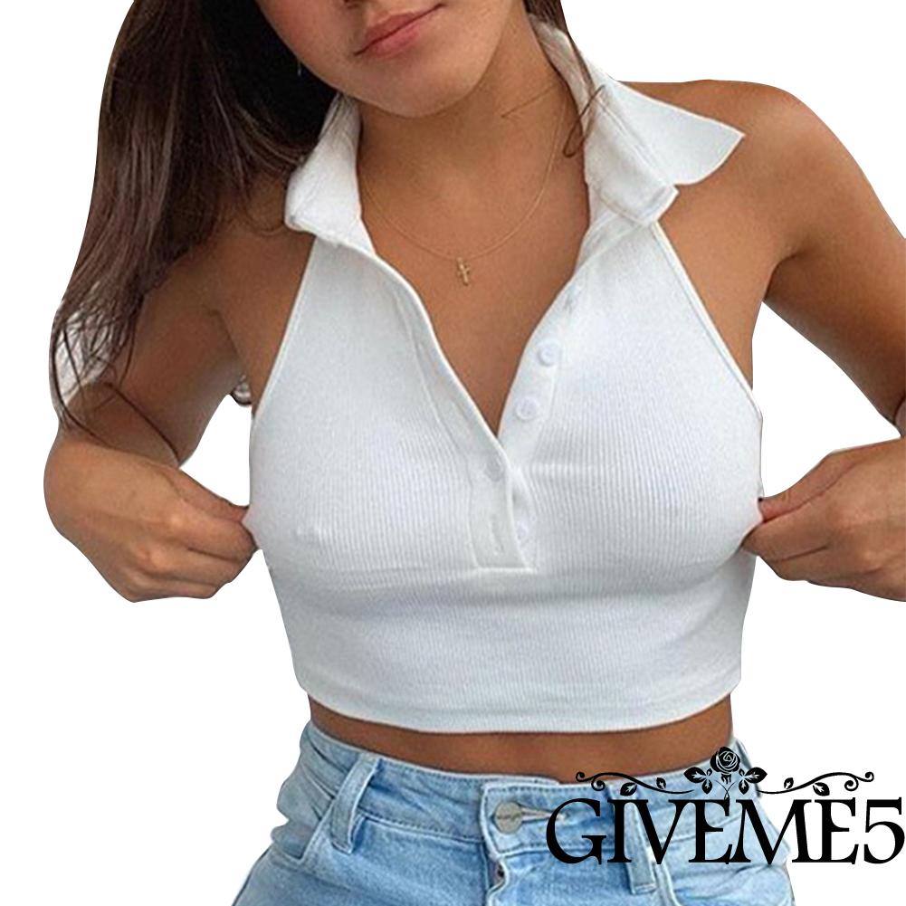 Áo Croptop Sát Nách Cổ Chữ V Phối Nút Hợp Thời Trang Cho Nữ