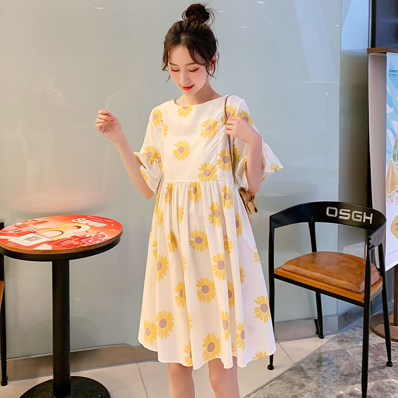 Váy bầu ngắn tay bằng lanh cotton in hoa có khóa kéo size m-2xl thời trang