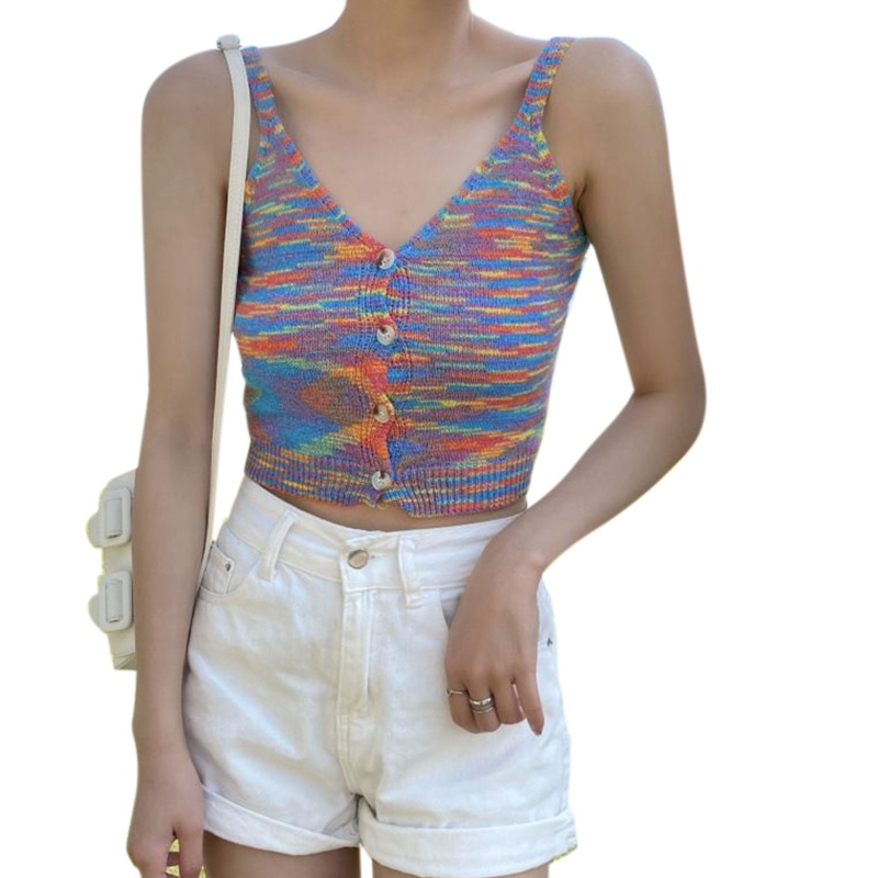 Áo Croptop Dệt Kim Hai Dây Cài Nút Cổ Chữ V Khoét Sâu Họa Tiết Kẻ Sọc Nhiều Màu Sắc Thời Trang Mùa Hè Cho Nữ