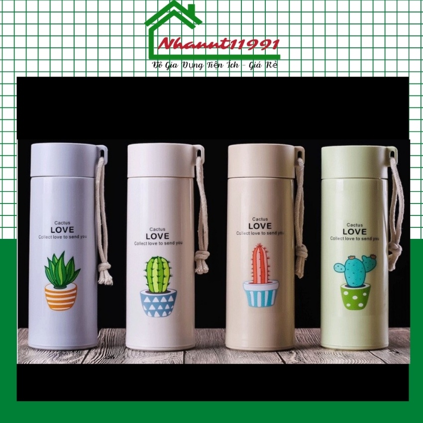 Bình Đựng Nước Thủy Tinh 400ml Vỏ Nhựa Lúa Mạch In Hình Cây Sương Rồng Xinh Xắn - Y99