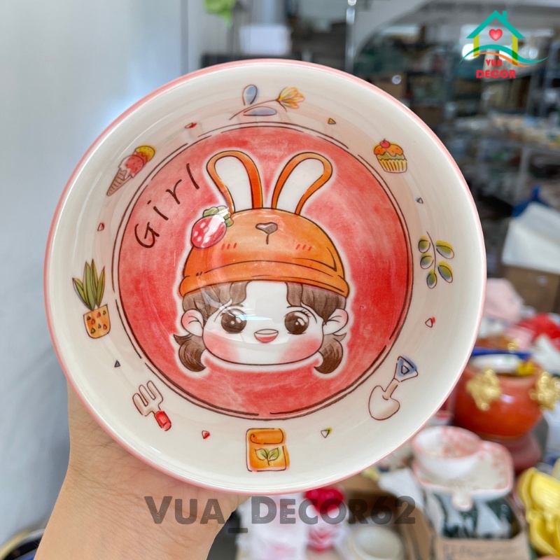 Bộ Bát Đĩa Decor Bé Gái Màu Hồng Chén Dĩa Dễ Thương Tô Sứ 16 món Cute H-01