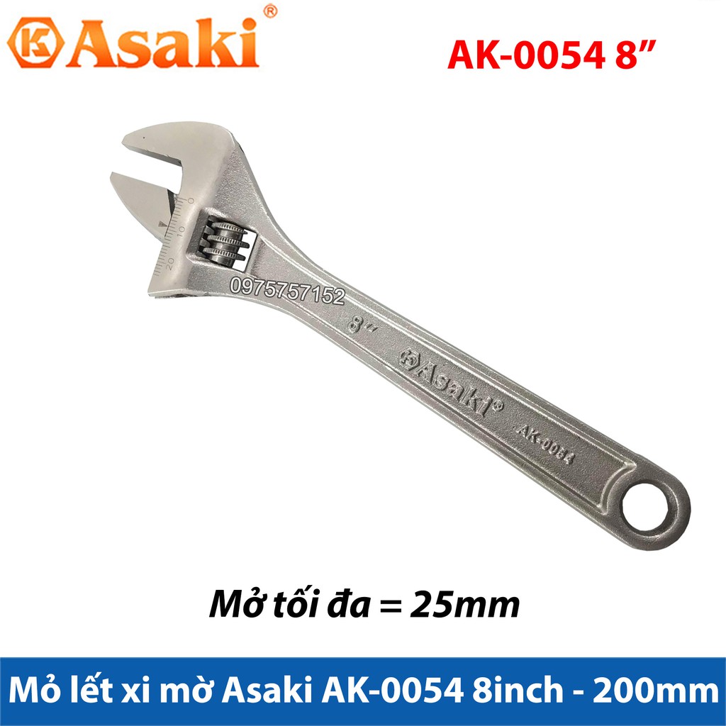 Mỏ lết xi mờ cao cấp Asaki AK-0054 8inch - 200mm (Mở tối đa 25mm)