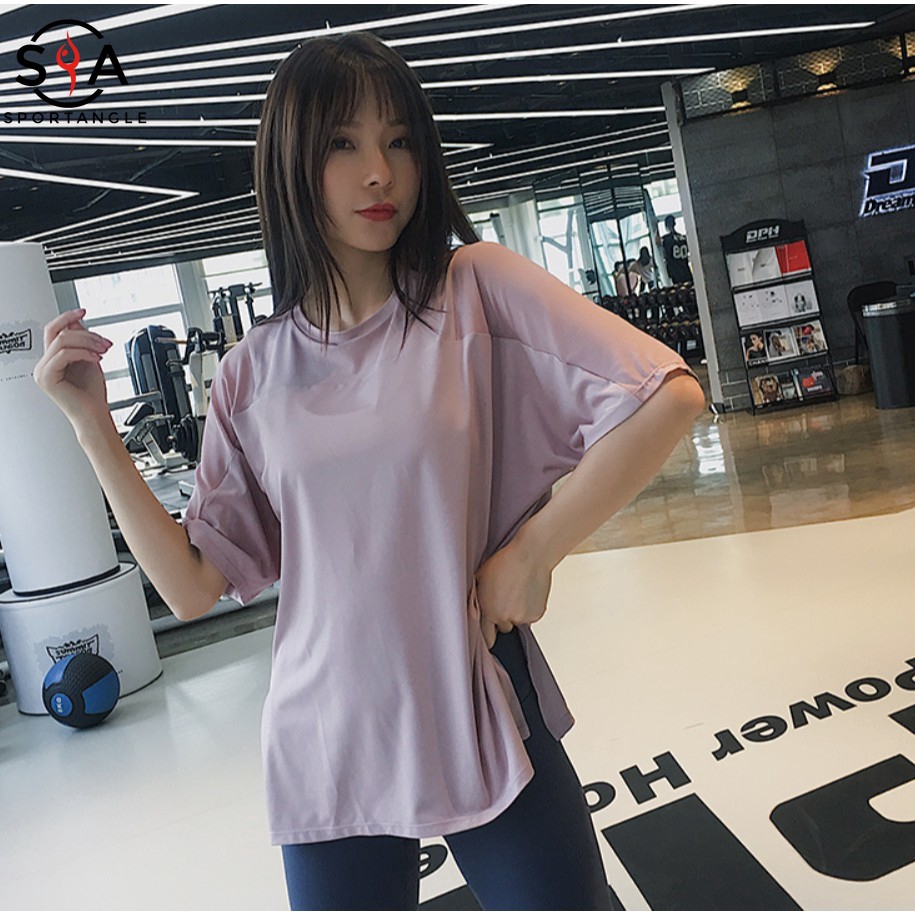 Áo thun thể thao tay ngắn form rộng màu trơn thoáng khí cho nữ