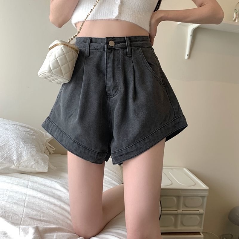 Quần Short Denim Ống Rộng Lưng Cao Màu Đen