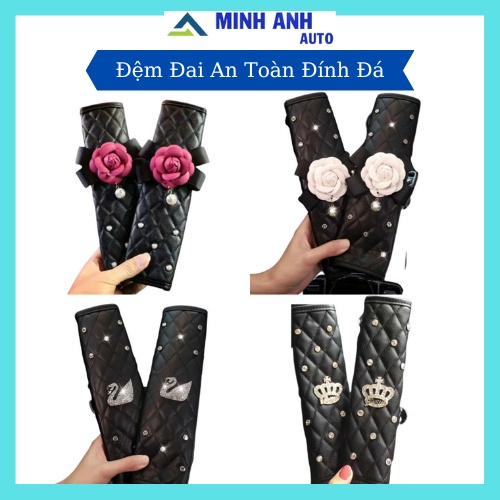 Đệm Da Bọc Dây Đai An Toàn Đính Đá Trang Trí Xe Hơi Sang Trọng