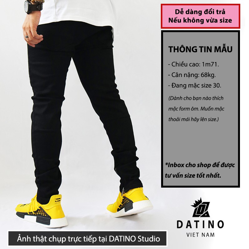 Quần Jean nam đen Streetwear Datino rách gối Skinny Zipper chất Denim co giãn không phai màu