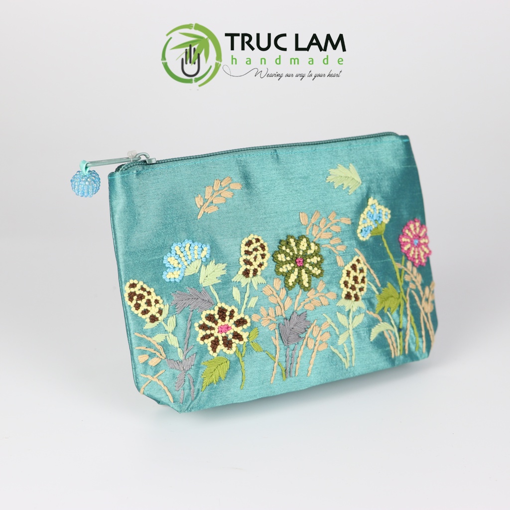Ví Cầm Tay Túi Đựng Vải Tafta Họa Tiết Hoa Cỏ Thêu Tay - Trúc Lâm Handmade