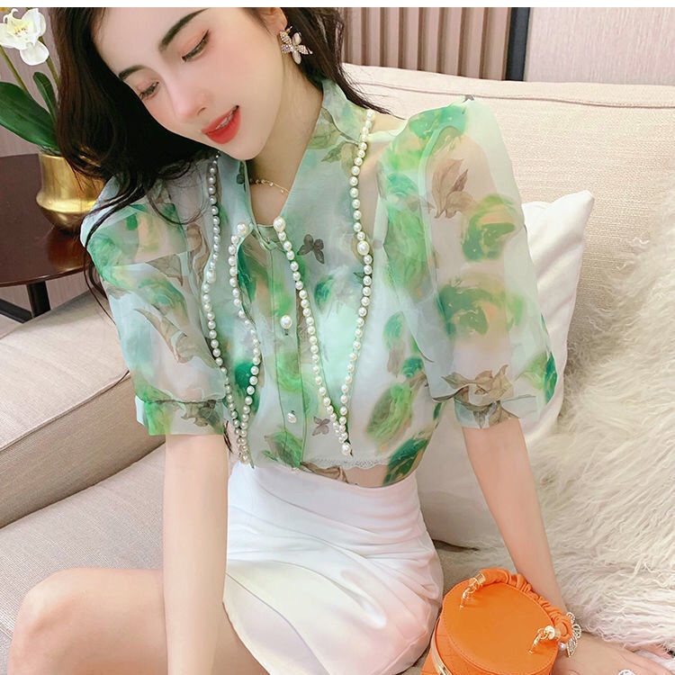 Áo Sơ Mi Ngắn Cổ Nhọn Đính Hạt Lớn Thời Trang Mùa Hè 2022 Cho Nữ