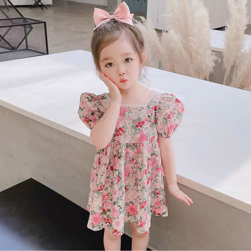 Đầm Mùa Hè In Hoa Màu Hồng Phong Cách Hàn Quốc Mới Cho Bé Gái