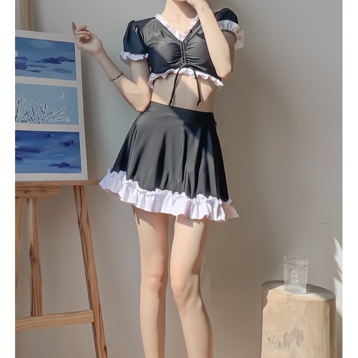 Bộ đồ bơi nữ bikini áo croptop váy phối màu nữ tính chất thun siêu đẹp