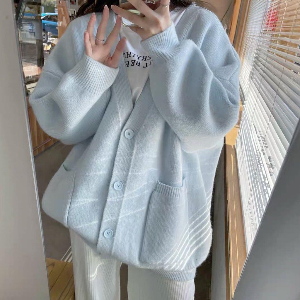 Áo cardigan Len Dáng Rộng Cổ Chữ V Màu Xanh Dương Sữa Phong Cách Thời Trang Thu Đông Hàng Mới 2022