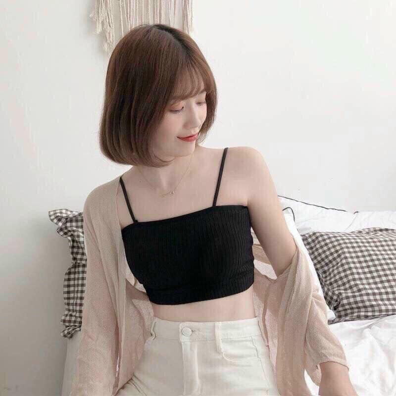 Áo bra Gân Tăm 2 dây có mút đệm ngực 🎀 Áo Bra Quây Ngực Co Giãn 4 Chiều freesize