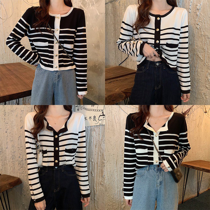 Áo Khoác Len Cardigan Dáng Rộng Kẻ Sọc Ngang Trẻ Trung Hợp Thời Trang