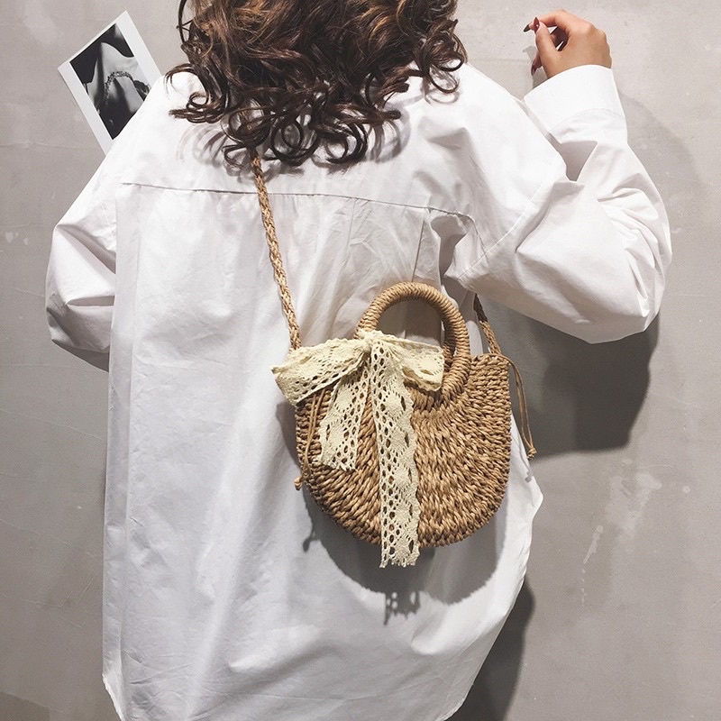 Túi cói bán nguyệt nơ ren đi biển vintage cho nữ