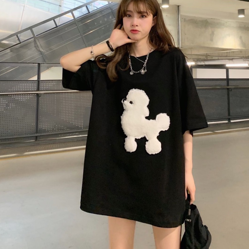 Áo Thun Tay Ngắn Thêu Hình Chú Chó Dễ Thương 159810 Áo Thun Cổ Tròn Dáng Rộng Dễ Thương Thời Trang Mùa Hè