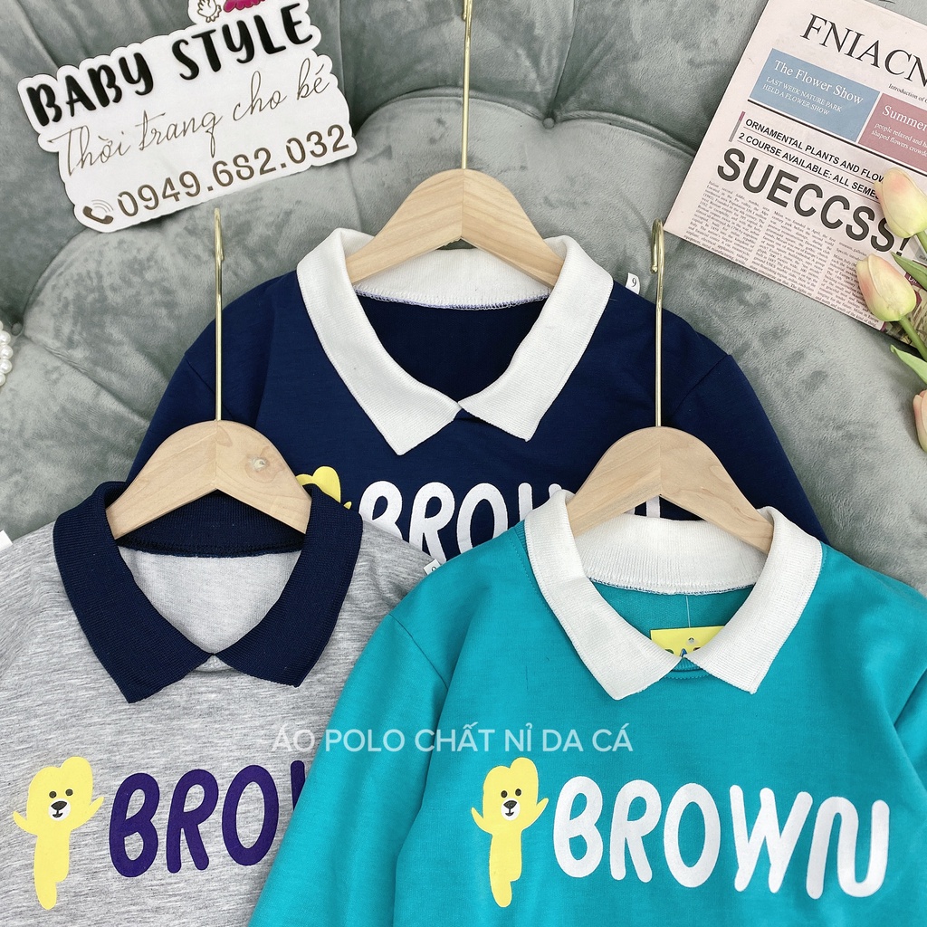 Áo thu đông bé gái &quot;BROWN&quot; 14-45kg, Áo nỉ polo dài tay cổ bẻ cho bé 4-15 tuổi. Thiết kế đẹp, năng động. G48