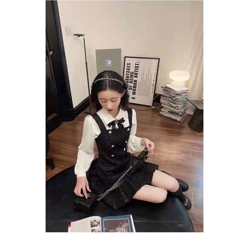 SÉT VÁY YẾM DẠ MIX ÁO SƠ MI KÈM TAG NƠ