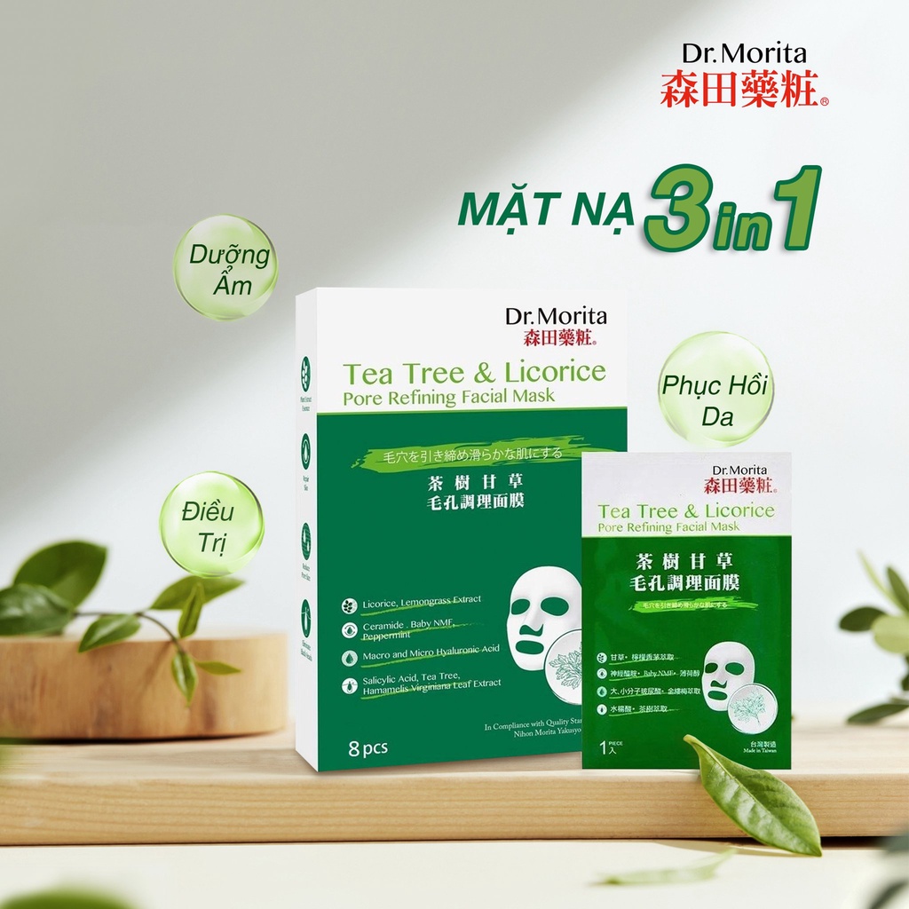 Mặt nạ ngừa mụn, se khít lỗ chân lông Dr. Morita Tea Tree &amp; Licorice Pore Refining Facial Mask 30g/m