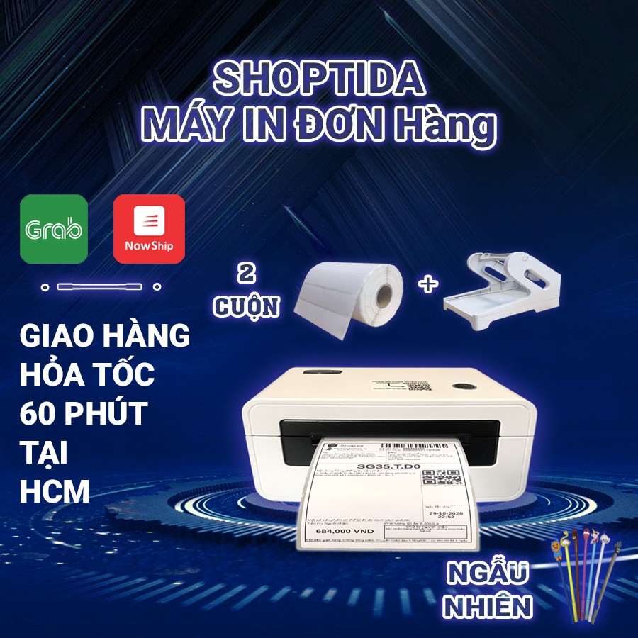 Máy in nhiệt Shoptida SP46 kèm 2 cuộn tem in nhiệt 35*22mm và khay, combo máy in đơn hàng tự dán bảo hành 12 tháng