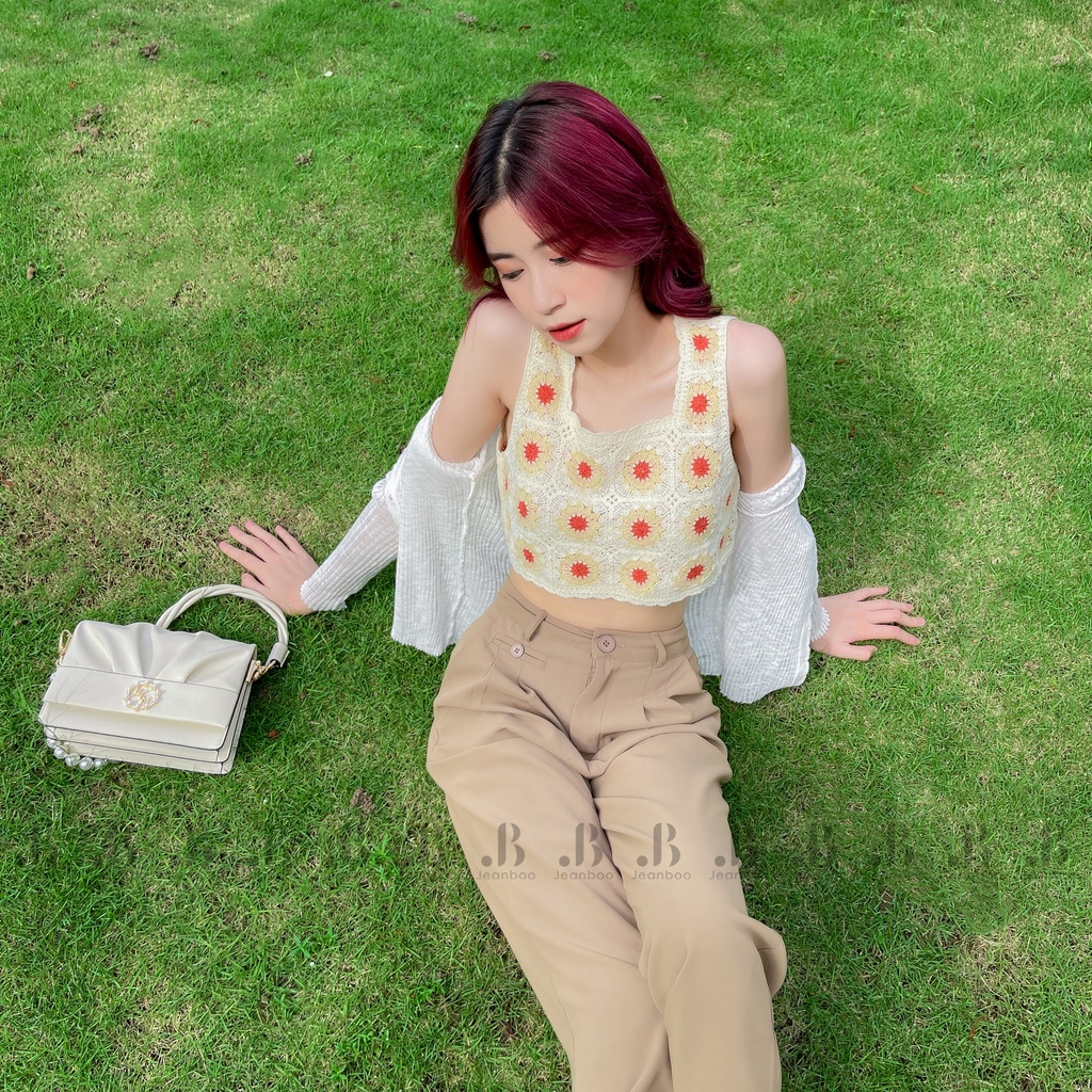 Áo croptop nữ 2 dây bản to Hoa mặt trời, áo croptop cổ vuông crt len ôm body - Jeanboo