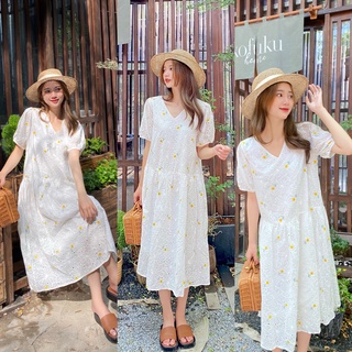 Đầm maxi ren hoa thêu hoa nhí vàng D498