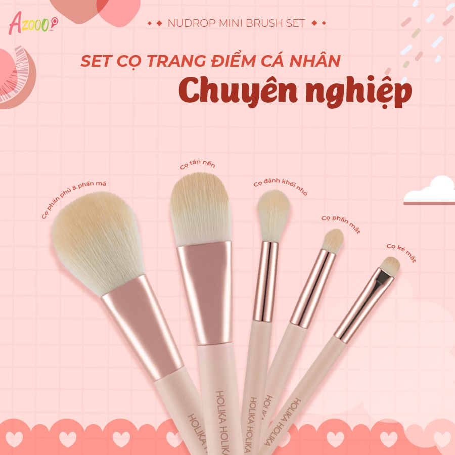 Bộ 5 cọ trang điểm chuyên nghiệp Hàn Quốc Holika Holika Nudrop Mini Brush tặng kèm túi da cao cấp