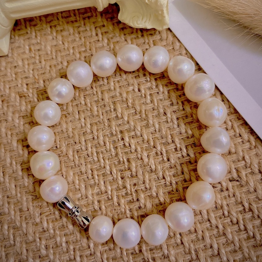Vòng tay trai thật nước ngọt 10li màu trắng ánh xà cừ bóng đẹp - TRANG SỨC BẠC VÀ TRAI cam kết trai thật
