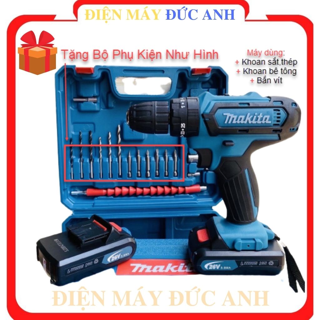Máy khoan pin bắt bắn siết ốc vít bulong cầm tay Makita 26V chổi than mini đa chức năng- Tặng 24 Phụ Kiện