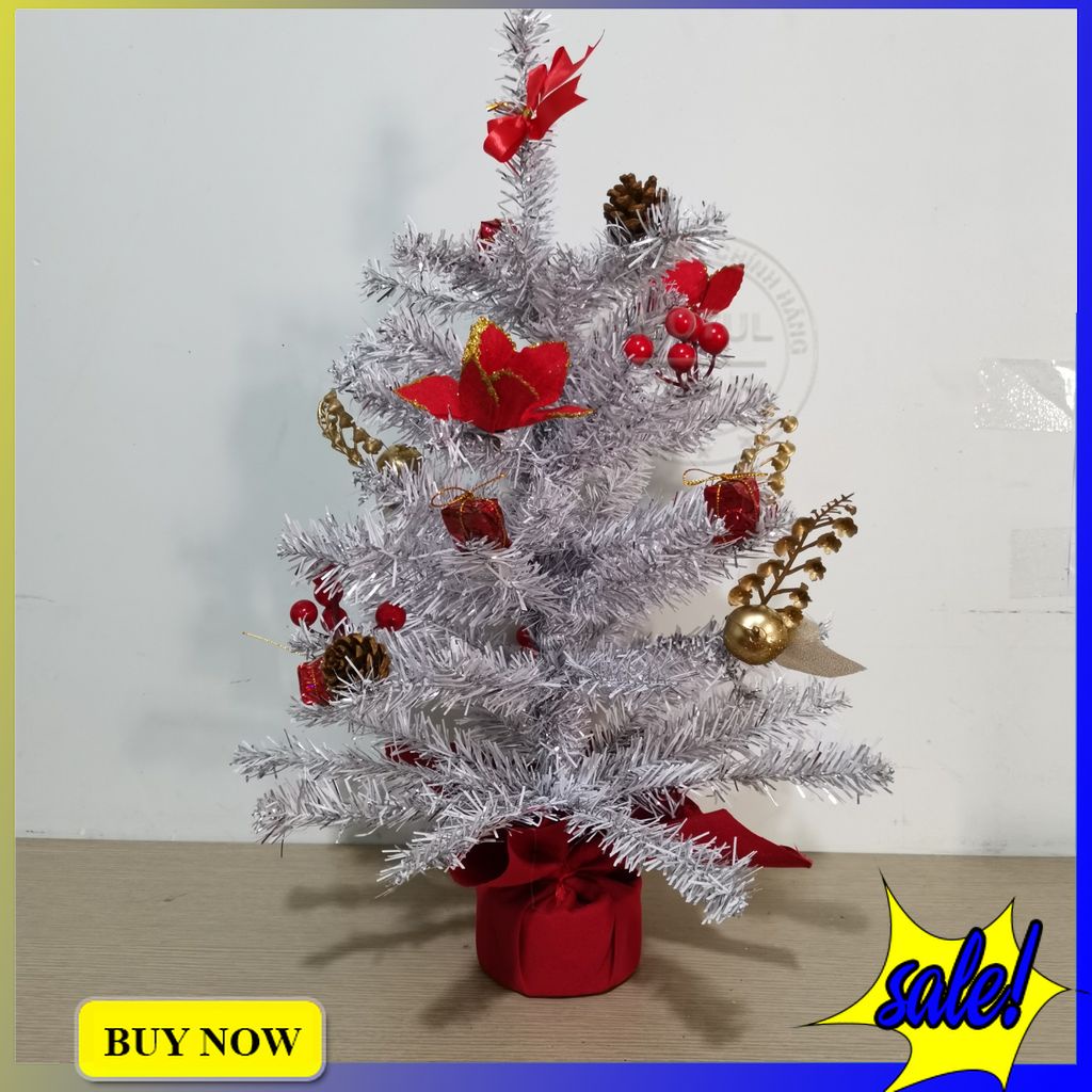 Cây thông noel mini để bàn 50cm phối màu trắng bạc phụ kiện quả thông nơ hoa trang trí sẵn trên cây thông nhỏ