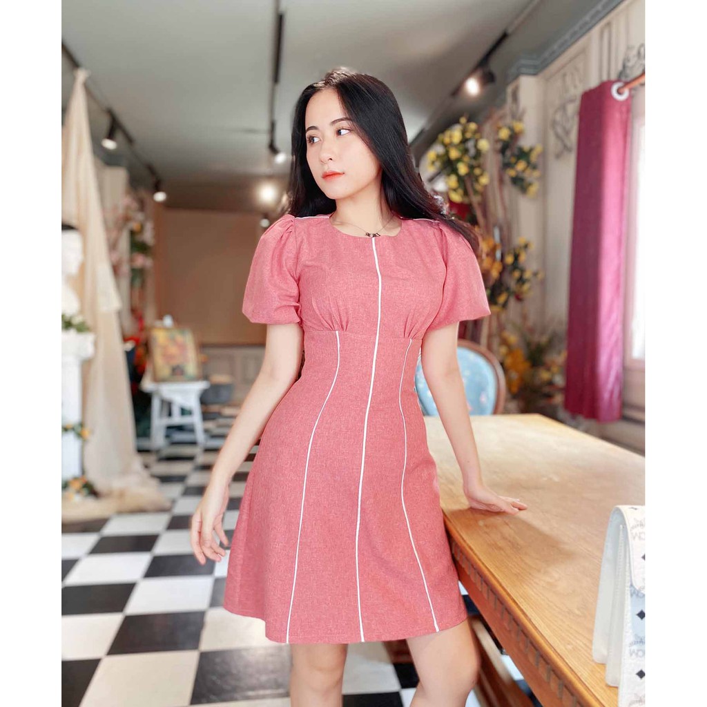 Đầm công sở nữ hồng thiết kế chữ a thanh lịch tay ngắn thoải mái viền trắng giúp thon cao thời trang công sở